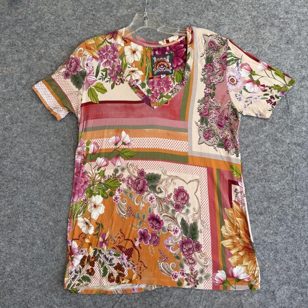 Johnny Was Shirt Womens Small Multicolor Boho Floral V Neck Bamboo Jersey Top